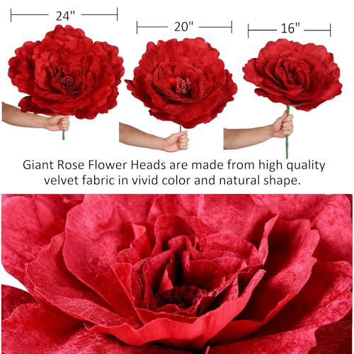 Moorone Set of 3 - Giant Red Velvet Rose Large Handcrafted Artificial Flower Props for Wedding, Home, Party, Event, Backdrop Decoration for Anniversary Birthday Valentine's Day (Red - Rose Heads Only) - Image 5