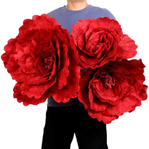 Moorone Set of 3 - Giant Red Velvet Rose Large Handcrafted Artificial Flower Props for Wedding, Home, Party, Event, Backdrop Decoration for Anniversary Birthday Valentine's Day (Red - Rose Heads Only) - Image 1