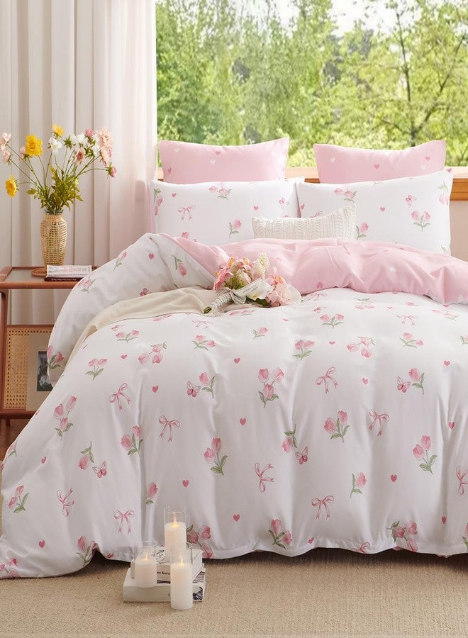 Erwinmu Floral Comforter Set Twin Size,2 Pieces Pink Floral Bow Ties Comforter Bedding Sets Reversible Pattern Back to School for Girls Kids,Chic Tulips with Heart Comforter and 1 Pillowcase - Image 1