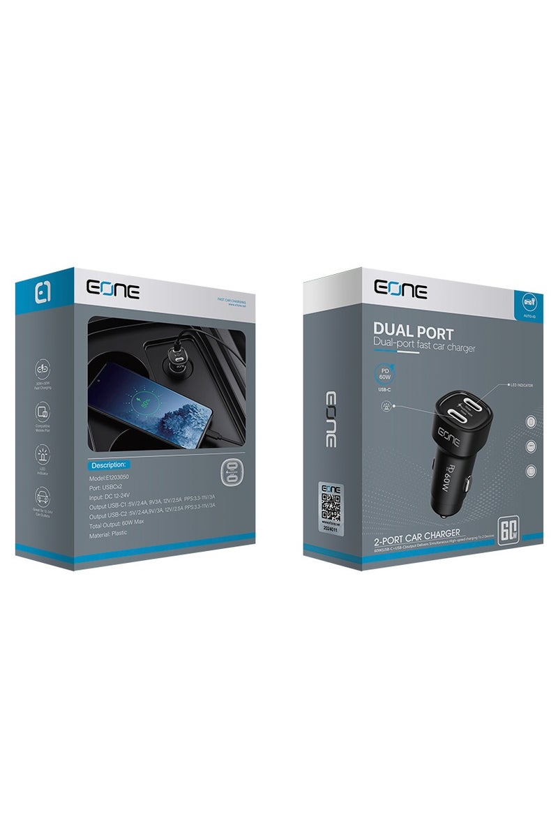Eone Dual USB-C Car Charger with Ultra-Fast 60W Power Delivery and White LED Indicator – Compatible with All Smart Devices - Image 4