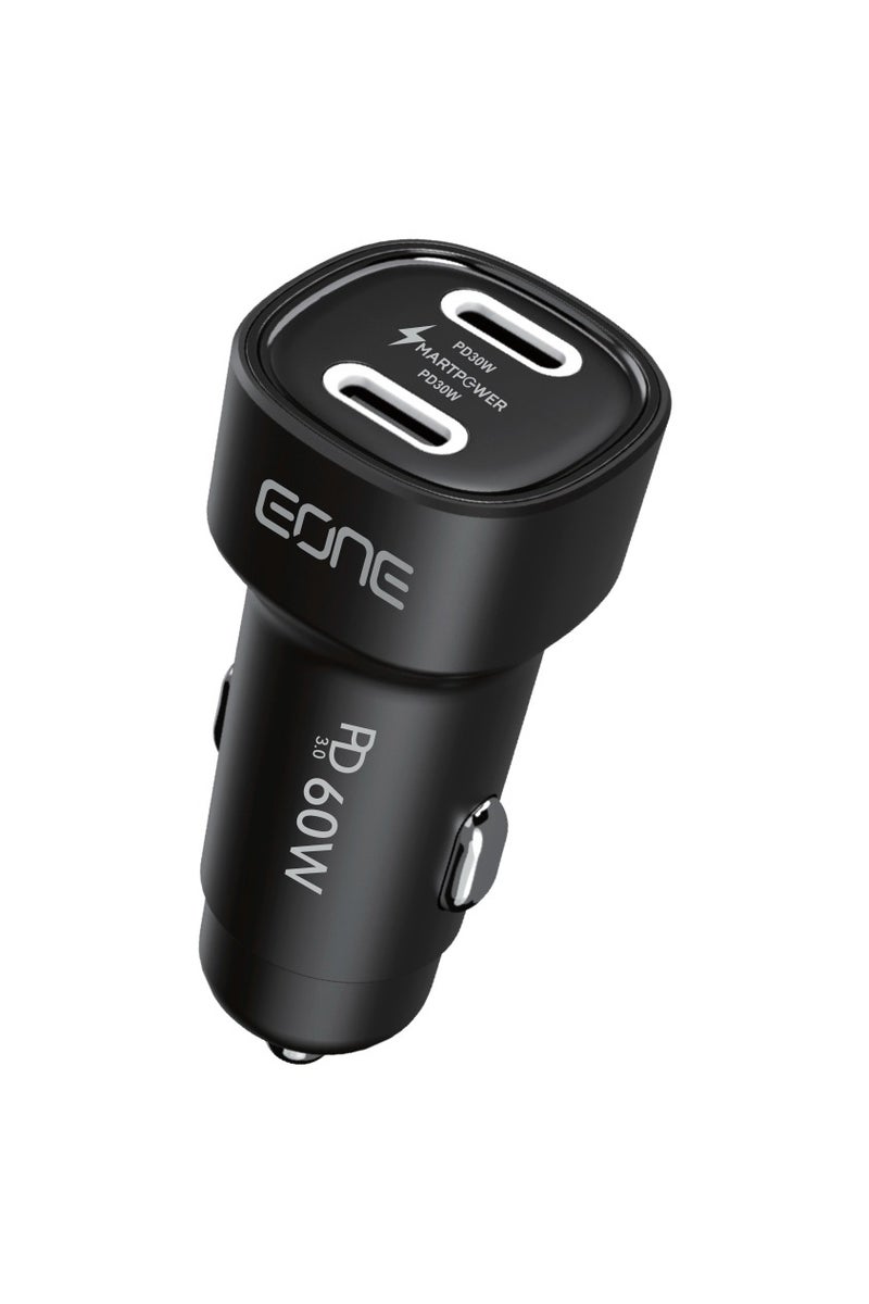 Eone Dual USB-C Car Charger with Ultra-Fast 60W Power Delivery and White LED Indicator – Compatible with All Smart Devices - Image 1