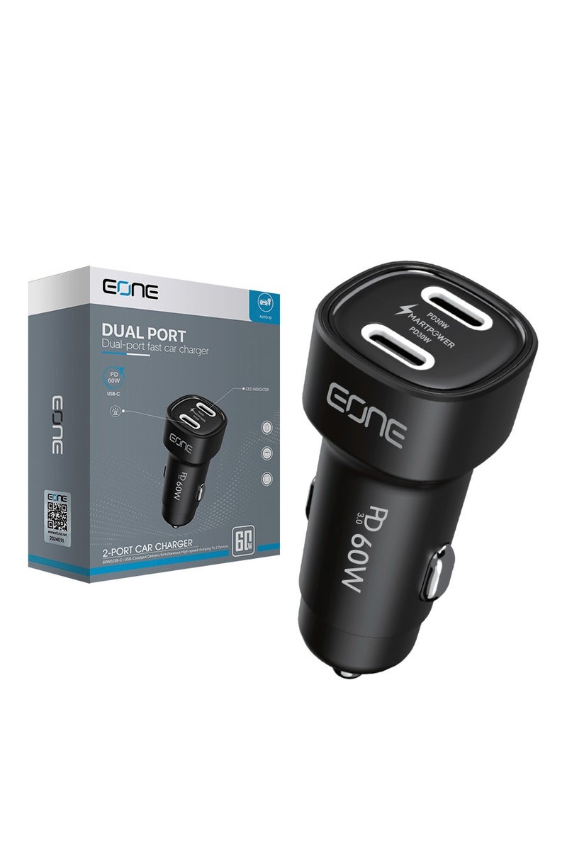 Eone Dual USB-C Car Charger with Ultra-Fast 60W Power Delivery and White LED Indicator – Compatible with All Smart Devices - Image 3