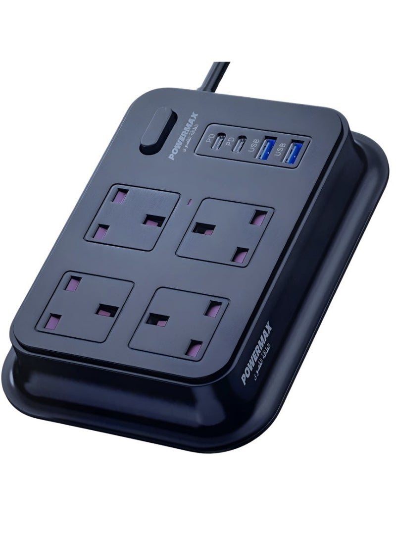 توصيلة كهربائية , مقبس طاقة متعدد الوظائف , مشترك اسود بـ 4 مداخل و 2 مدخل USB و 2 مدخل USB-C بتقنية PD سريع جدا , مقبس بمنافذ متعددة مناسب لجميع الأجهزة طويل جدا 3 متر- MX50