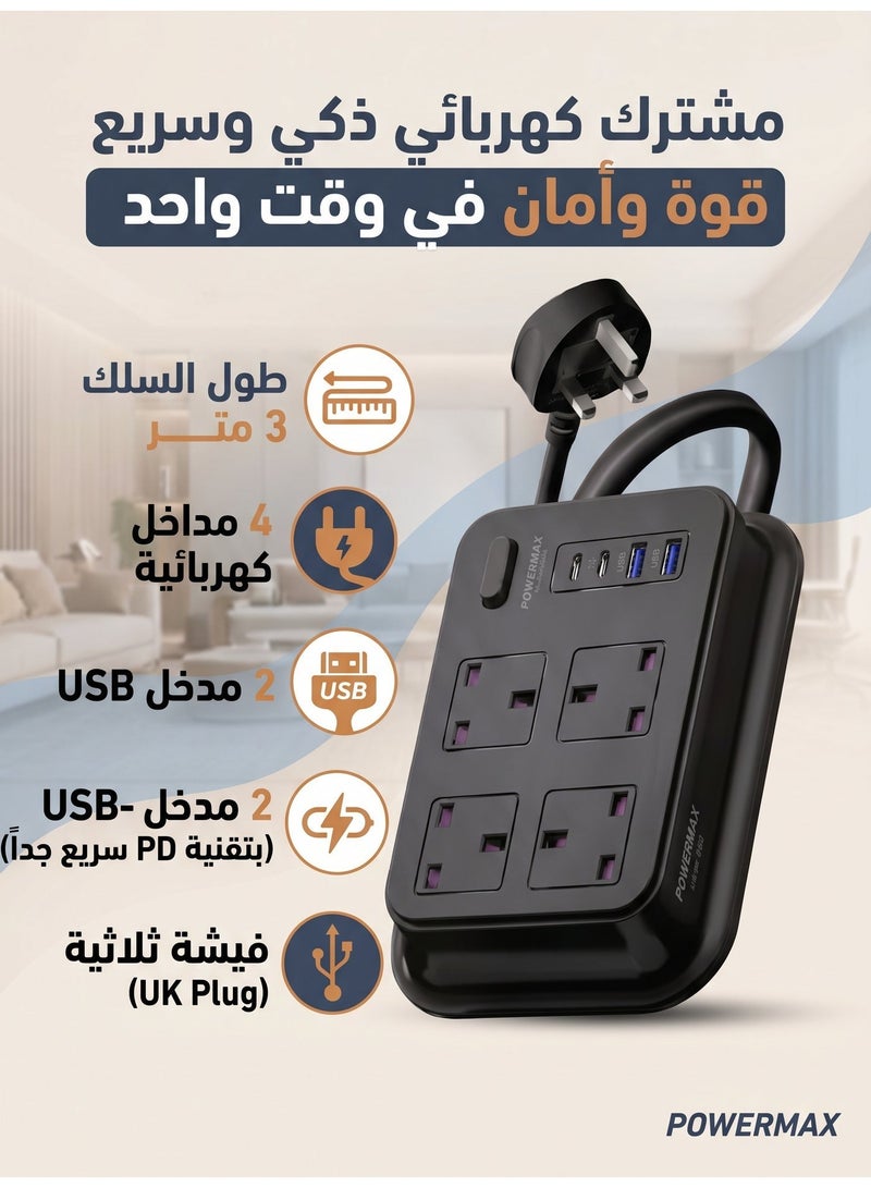 باور ماكس توصيلة كهربائية , مقبس طاقة متعدد الوظائف , مشترك اسود بـ 4 مداخل و 2 مدخل USB و 2 مدخل USB-C بتقنية PD سريع جدا , مقبس بمنافذ متعددة مناسب لجميع الأجهزة طويل جدا 3 متر- MX50 - Image 1