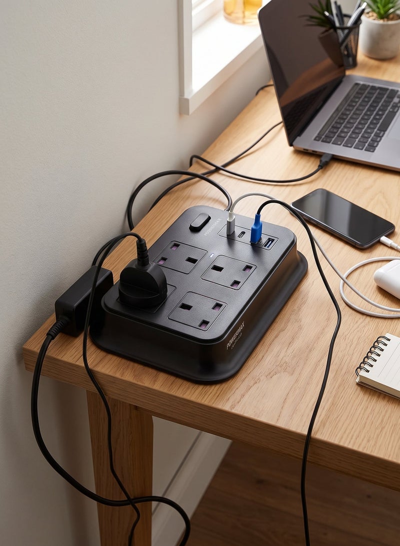 باور ماكس توصيلة كهربائية , مقبس طاقة متعدد الوظائف , مشترك اسود بـ 4 مداخل و 2 مدخل USB و 2 مدخل USB-C بتقنية PD سريع جدا , مقبس بمنافذ متعددة مناسب لجميع الأجهزة طويل جدا 3 متر- MX50 - Image 4