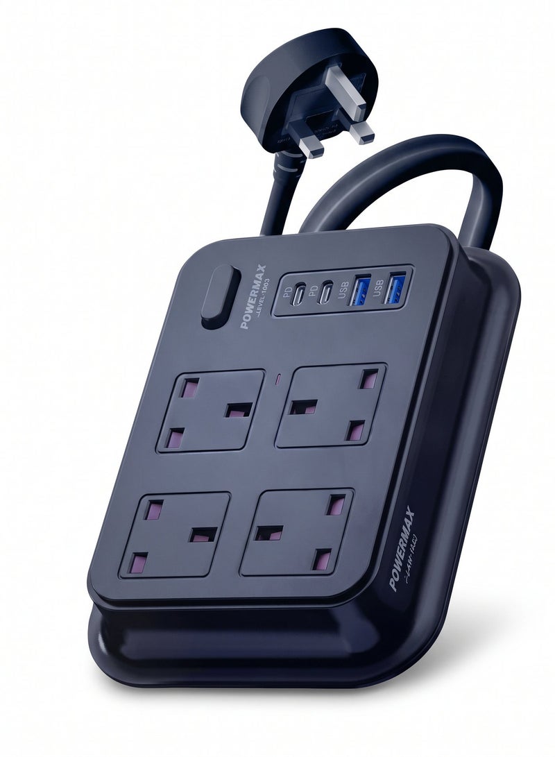 باور ماكس توصيلة كهربائية , مقبس طاقة متعدد الوظائف , مشترك اسود بـ 4 مداخل و 2 مدخل USB و 2 مدخل USB-C بتقنية PD سريع جدا , مقبس بمنافذ متعددة مناسب لجميع الأجهزة طويل جدا 3 متر- MX50 - Image 3