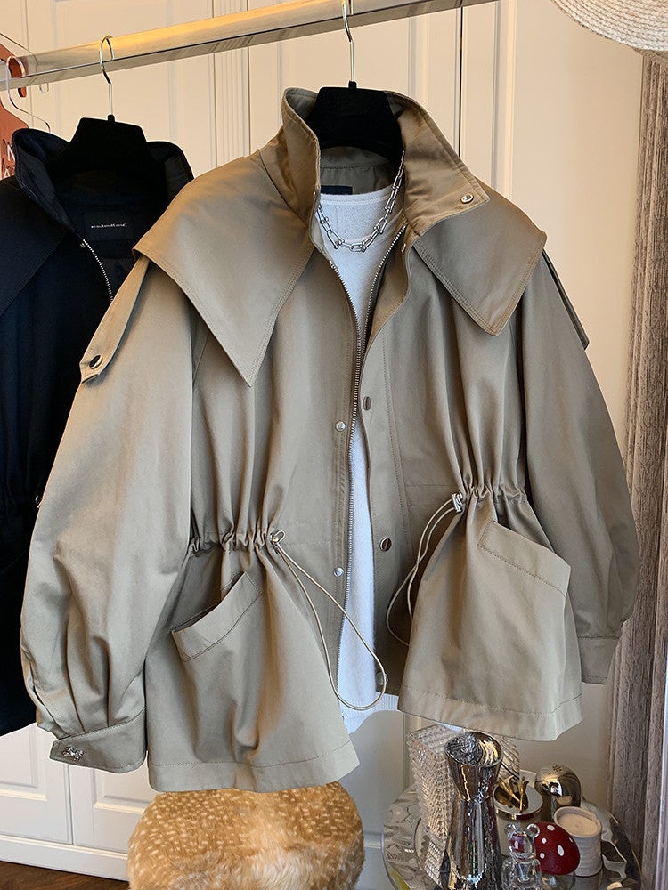 South Korea Dongdaemun Design Sense Niche Loose Casual Drawstring Tight Waist Workwear Coat Womens Spring and Autumn Short Coat Khakis 