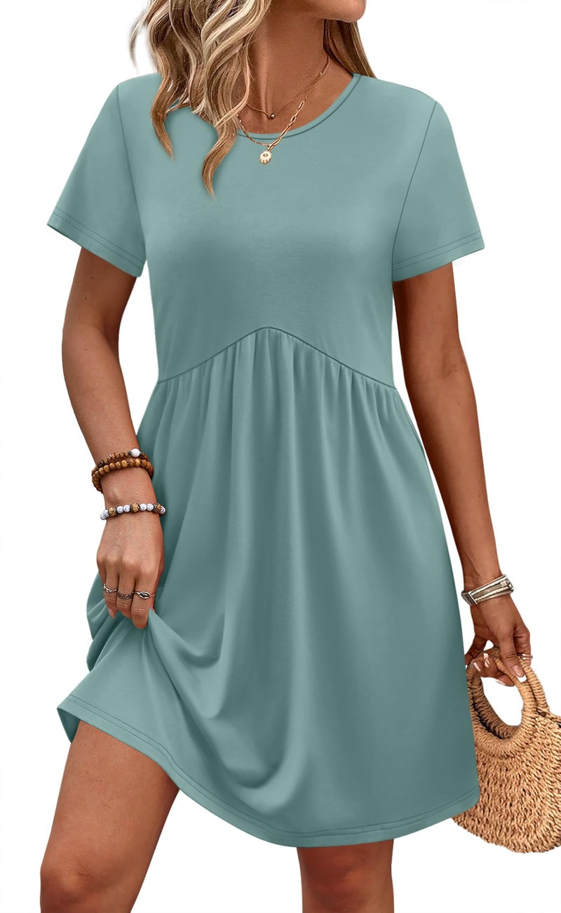 OFEEFAN Spring Dress Spring Outfits for Women 2026 Short Sleeve Casual Dresses Babydoll Dress for Women Easter Dresses Green L - Image 1