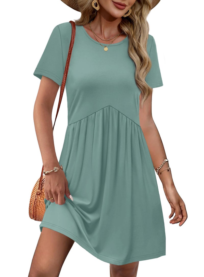OFEEFAN Spring Dress Spring Outfits for Women 2026 Short Sleeve Casual Dresses Babydoll Dress for Women Easter Dresses Green L - Image 5