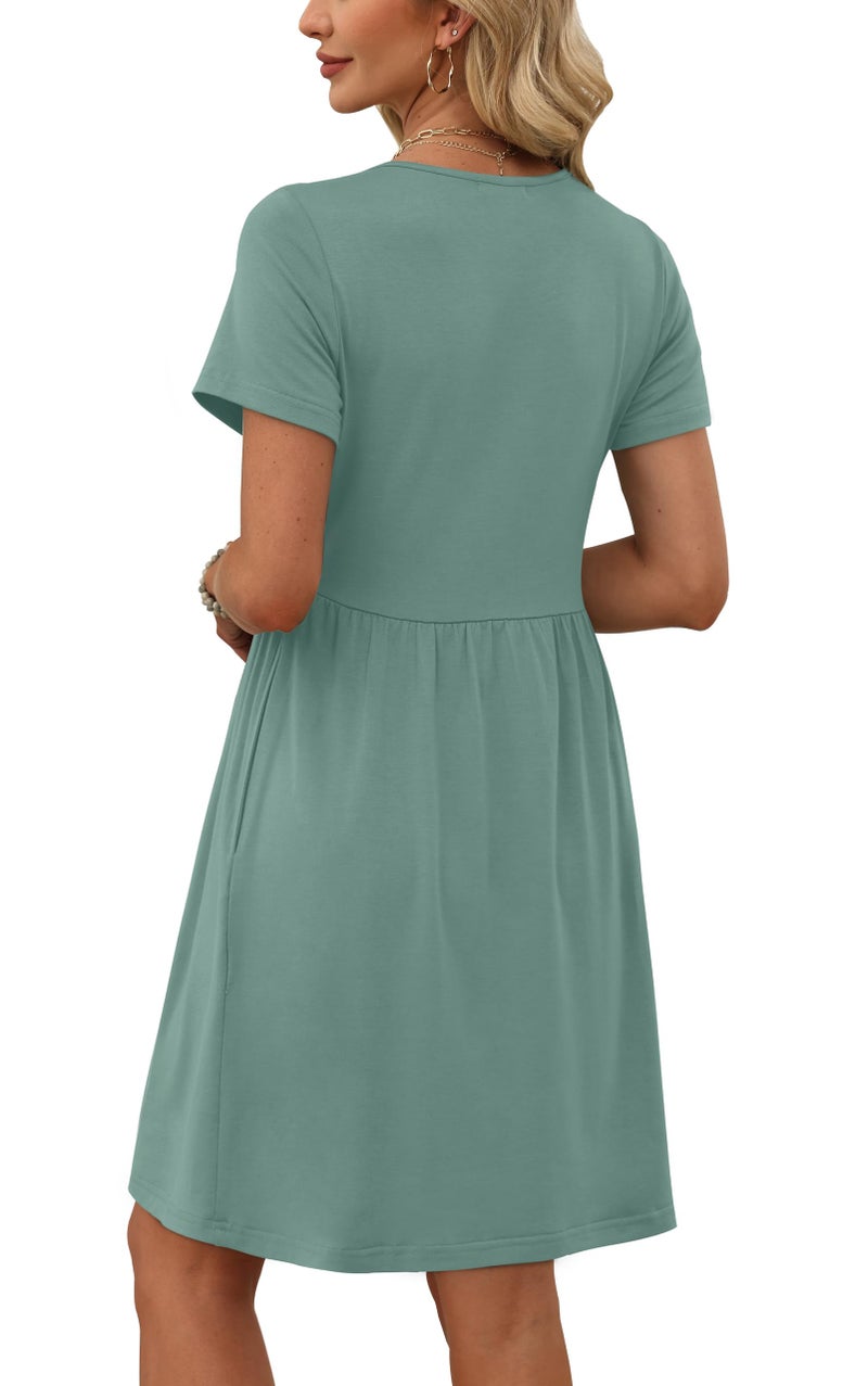 OFEEFAN Spring Dress Spring Outfits for Women 2026 Short Sleeve Casual Dresses Babydoll Dress for Women Easter Dresses Green L - Image 4