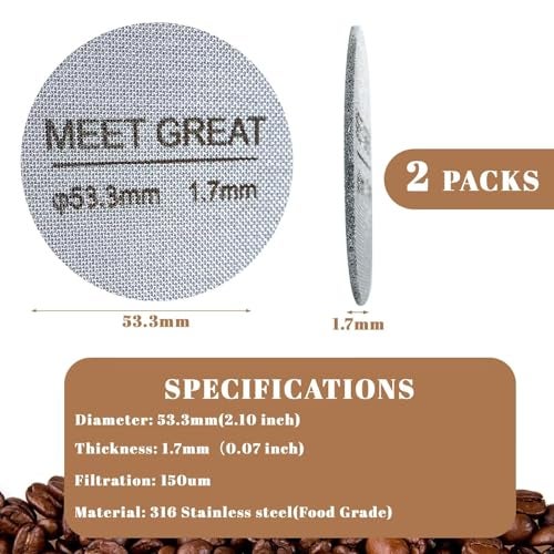 Meet Great- 2 Packs 53.3mm Espresso Puck Screen, 1.7mm Thickness 150μm 316L Stainless Steel, Upgraded Reusable Coffee Filter Screen for 54mm Breville Portafilter Filter Basket - Image 2