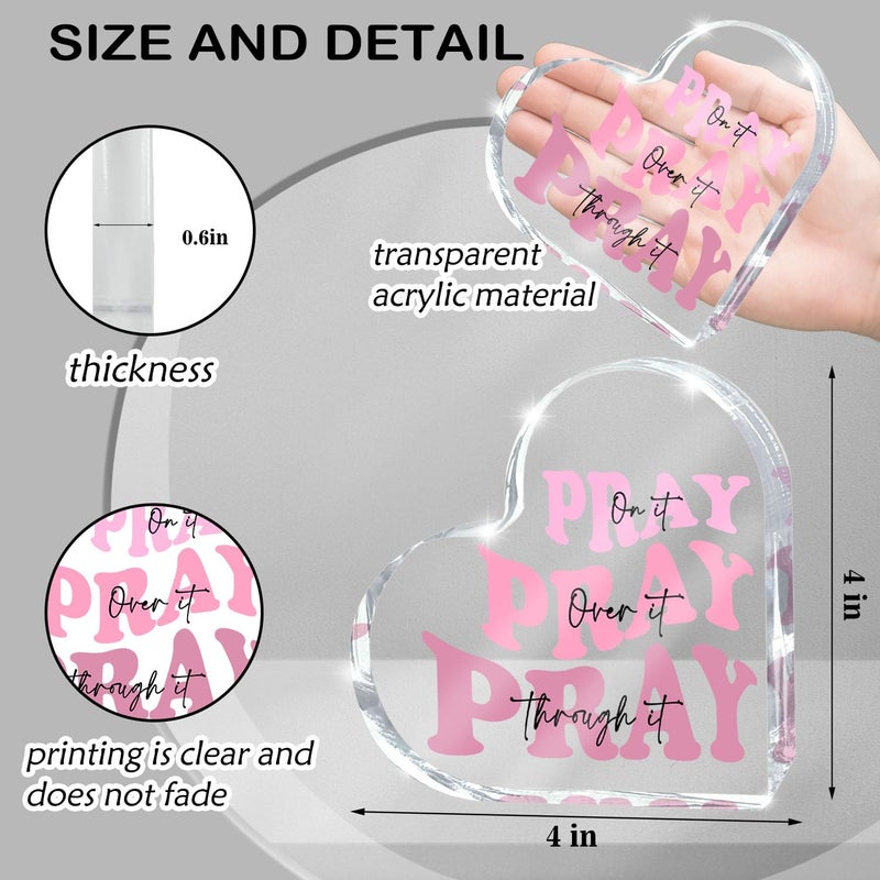 zaxek Pray on it Pray over it Pray through it Heart Acrylic Sign, Valentines Day Decorative, Pink Dorm Room Decor for Women, Pink Office Desk Accessories Decor Sign, Bathroom Acrylic Sign(Heart) - Image 2