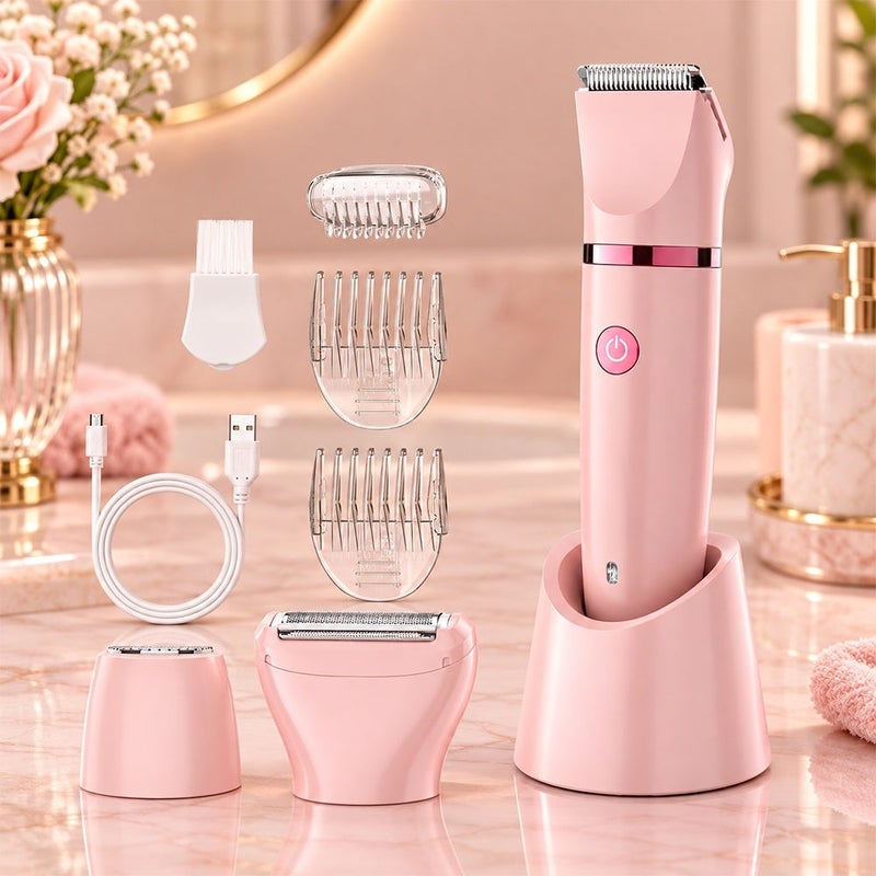 Bosidin 4-in-1 Electric Ladies Shaver & Bikini Trimmer – Painless Waterproof Cordless Hair Removal Set with Interchangeable Cutter Heads and Charging Stand (Pink) - Image 1