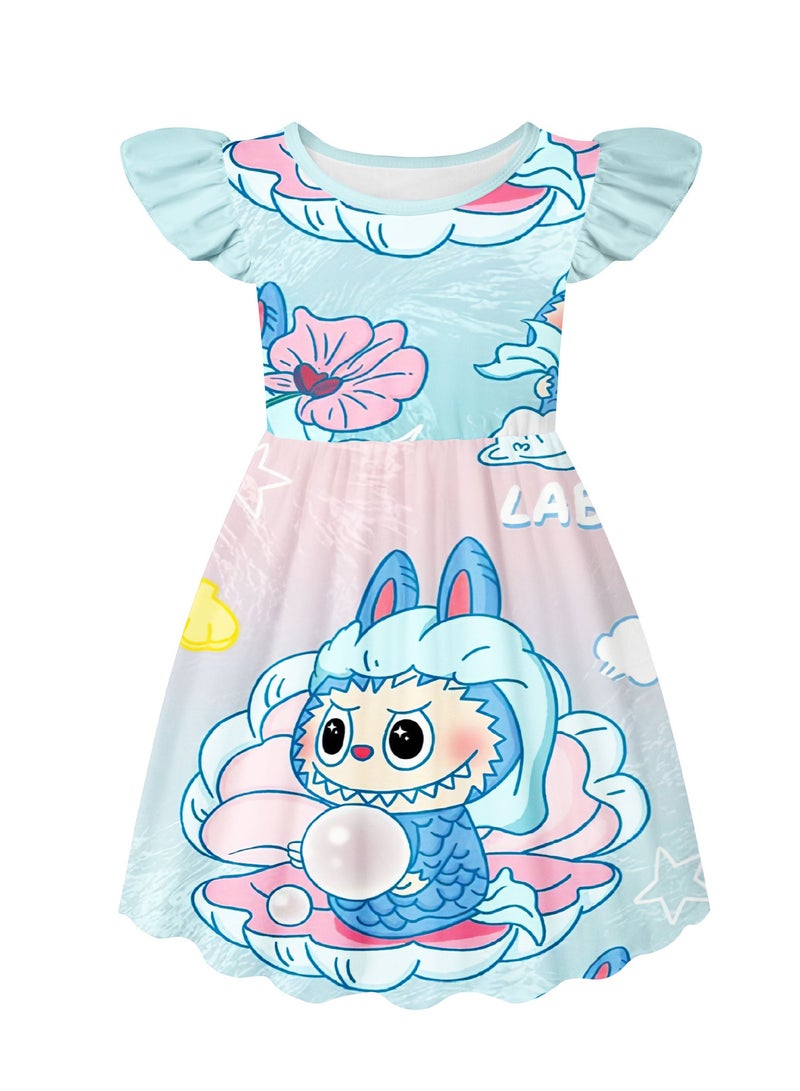 Labubu printed dress for children is a cute summer flying sleeve dress to meet the summer outfit - Image 1