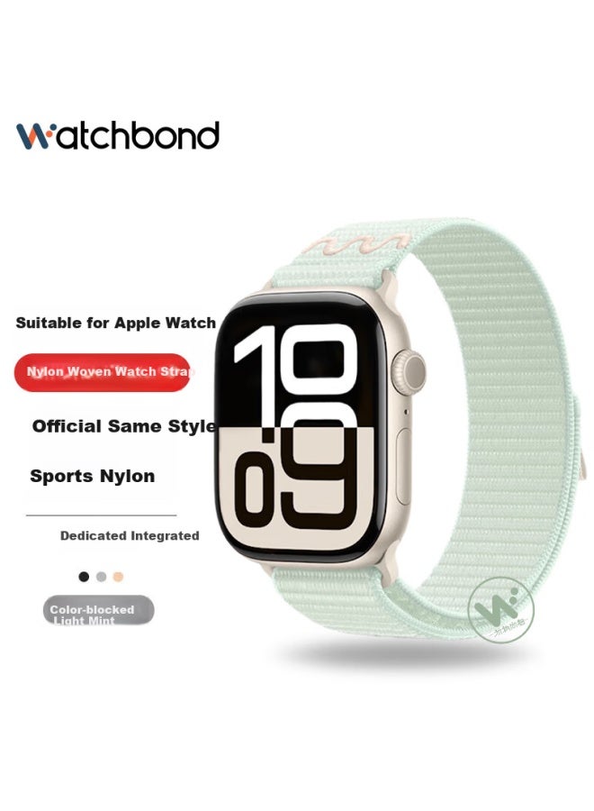 Watchbond Nylon Loop Band For Apple Watch Series 10, Compatible With Apple Watch Series 9/ultra2/s8/7/6/se, Men's Contrasting Color Light Mint 46/49mm Strap - Image 1