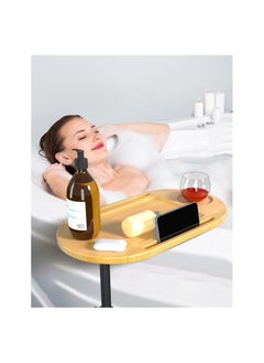 Bamboo Bathtub Tray Table, Adjustable Height Bath Tub Tray Side Table with Wine Glass/Book Slot and Phone Holder, Freestanding Design, Ideal for Reading, Relaxing and Bathing