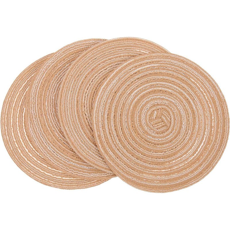 Round Cotton Yarn Placemats – Khaki, 36cm Diameter, 6-Pack, Heat Resistant, Washable