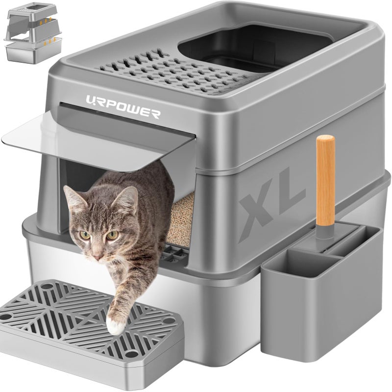 URPOWER Stainless Steel Cat Litter Box with Lid Extra Large Enclosed Litter Box for Cats Non-Sticky Metal Pan with High Sided Enclosure & Scoop, Front & Top Entry, Anti-Leakage, Easy Cleaning - Image 1