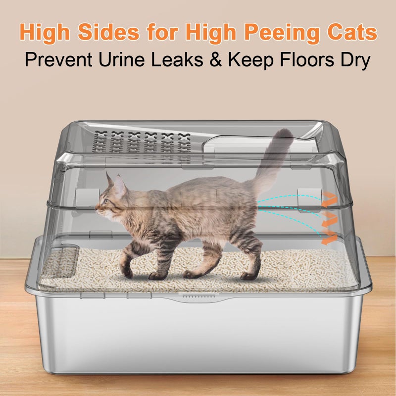 URPOWER Stainless Steel Cat Litter Box with Lid Extra Large Enclosed Litter Box for Cats Non-Sticky Metal Pan with High Sided Enclosure & Scoop, Front & Top Entry, Anti-Leakage, Easy Cleaning - Image 2