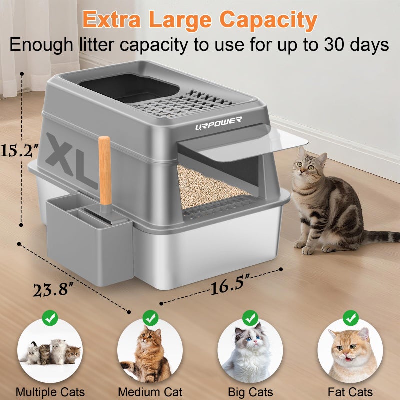 URPOWER Stainless Steel Cat Litter Box with Lid Extra Large Enclosed Litter Box for Cats Non-Sticky Metal Pan with High Sided Enclosure & Scoop, Front & Top Entry, Anti-Leakage, Easy Cleaning - Image 3