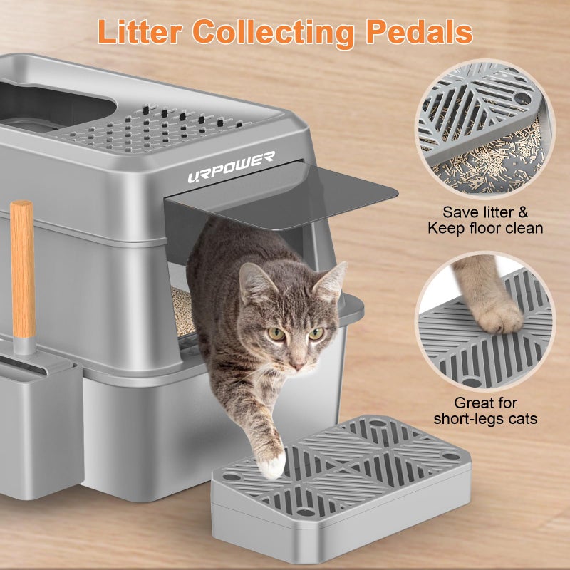 URPOWER Stainless Steel Cat Litter Box with Lid Extra Large Enclosed Litter Box for Cats Non-Sticky Metal Pan with High Sided Enclosure & Scoop, Front & Top Entry, Anti-Leakage, Easy Cleaning - Image 5