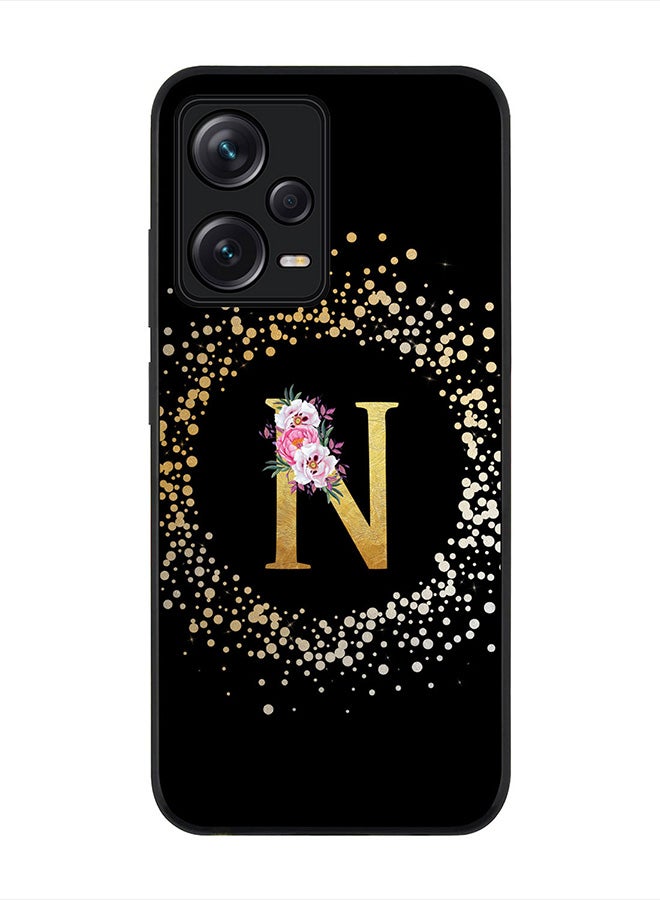 Stylizedd غطاء لهاتف Redmi Note 12 Pro 5G، غطاء أسود متين نحيف واقي - نمط زهور حرف مخصص -N (أسود) - Image 1