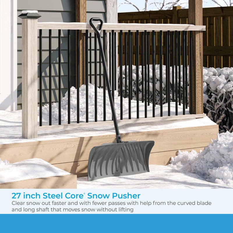 Suncast 27â€ Steel Core Snow Pusher with Curved Blade, D-Grip Handle, Steel Shaft, Heavy-Duty Snow Removal Tool for Effortless Clearing - Image 2