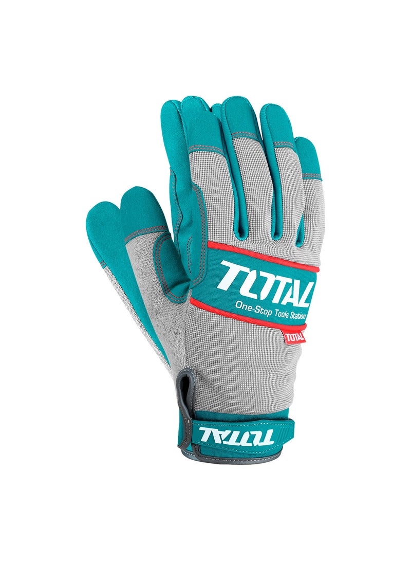 توتال قفازات ميكانيكي احترافية من توتال، باللونين الفيروزي والرمادي، مصنوعة من ألياف دقيقة وإسفنج بوليستر، مقاس XL، معتمدة وفق معيار EN388، عدد 1 زوج - Image 1