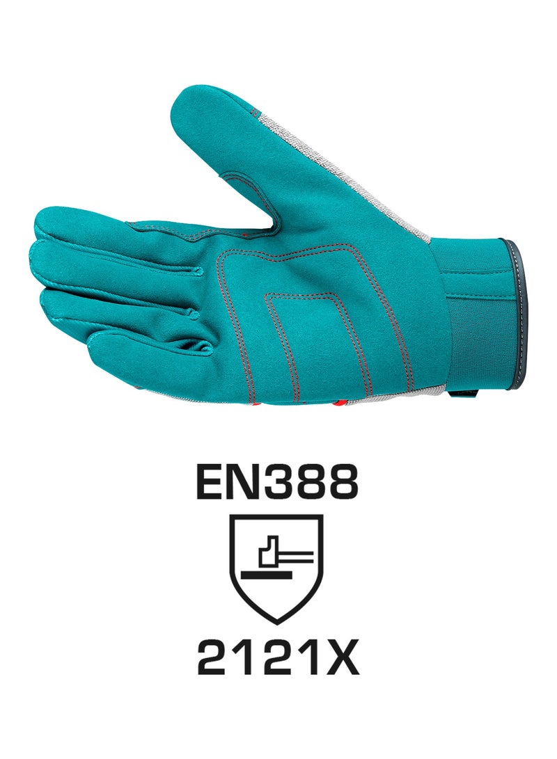 توتال قفازات ميكانيكي احترافية من توتال، باللونين الفيروزي والرمادي، مصنوعة من ألياف دقيقة وإسفنج بوليستر، مقاس XL، معتمدة وفق معيار EN388، عدد 1 زوج - Image 2