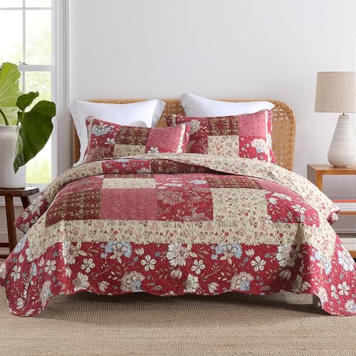 camandy Cotton Bedspread Quilt Bedding Sets 3 Pieces Reversible Coverlet Sets Comforters Vintage Floral Patchwork Purple Red Bedspread, King Size - Image 1
