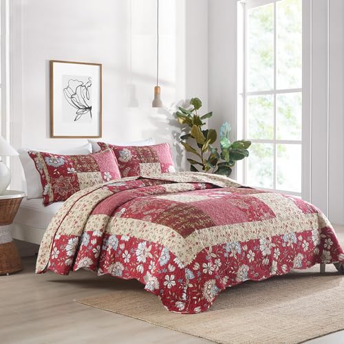 camandy Cotton Bedspread Quilt Bedding Sets 3 Pieces Reversible Coverlet Sets Comforters Vintage Floral Patchwork Purple Red Bedspread, King Size - Image 3