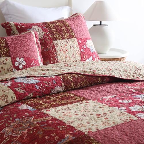 camandy Cotton Bedspread Quilt Bedding Sets 3 Pieces Reversible Coverlet Sets Comforters Vintage Floral Patchwork Purple Red Bedspread, King Size - Image 2