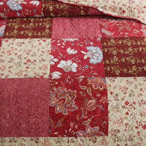 camandy Cotton Bedspread Quilt Bedding Sets 3 Pieces Reversible Coverlet Sets Comforters Vintage Floral Patchwork Purple Red Bedspread, King Size - Image 5