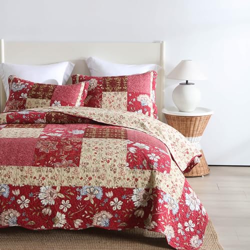 camandy Cotton Bedspread Quilt Bedding Sets 3 Pieces Reversible Coverlet Sets Comforters Vintage Floral Patchwork Purple Red Bedspread, King Size - Image 4