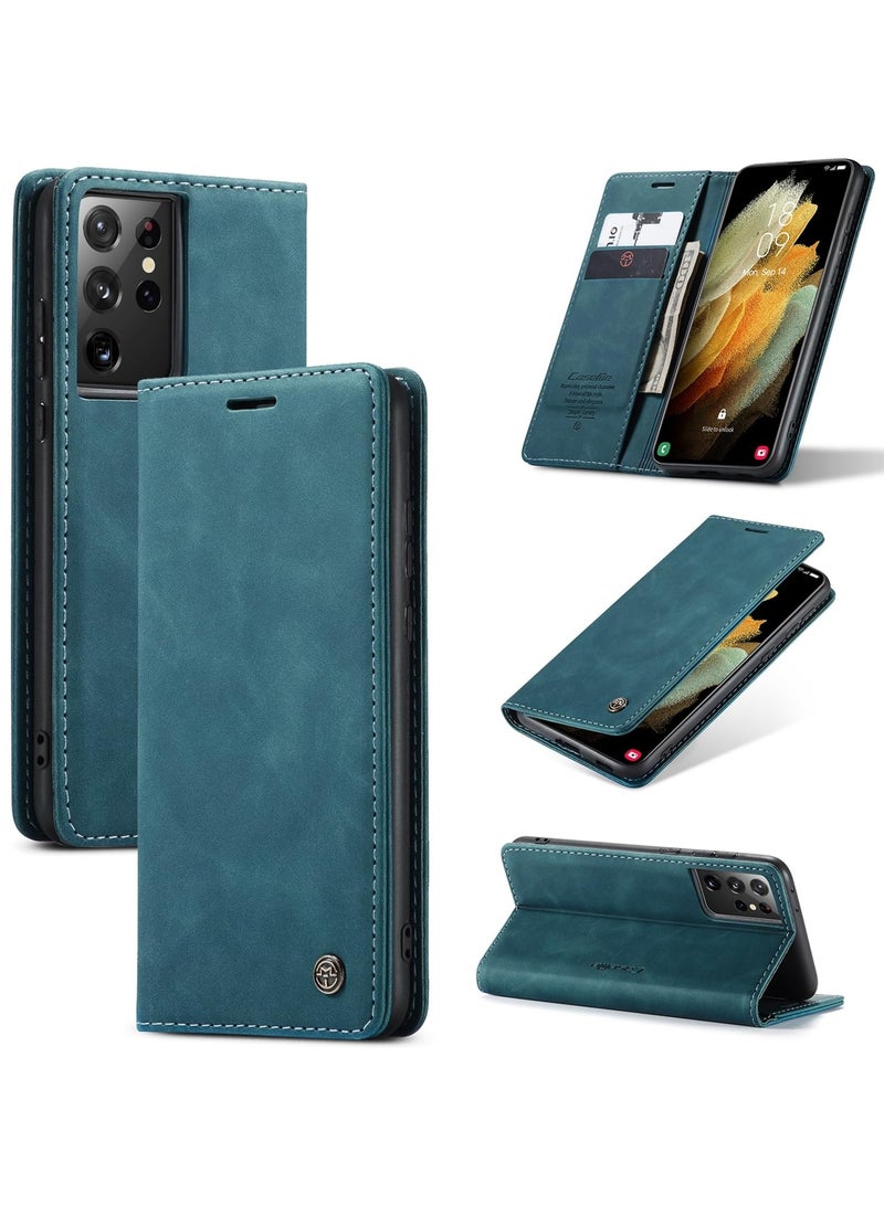 CaseMe Phone Case Luxury PU Leather Design 013 Flip Cover Card Slot Holder Cover For Samsung Galaxy S21 Ultra (Green) - Image 1