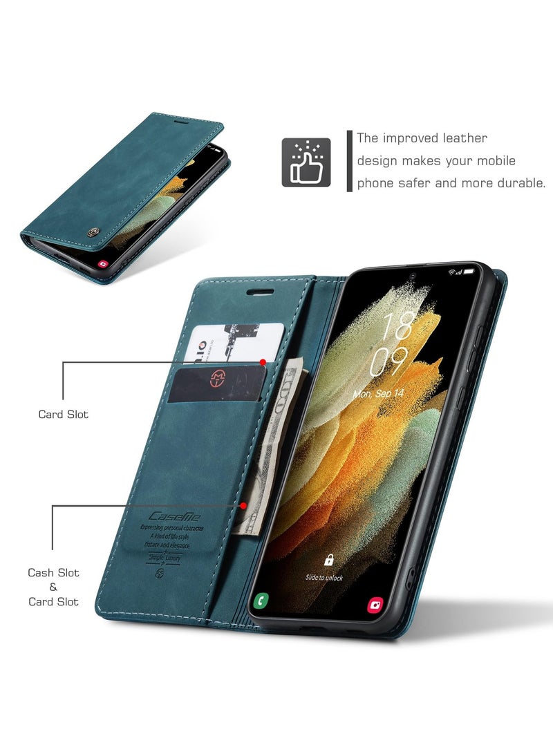 CaseMe Phone Case Luxury PU Leather Design 013 Flip Cover Card Slot Holder Cover For Samsung Galaxy S21 Ultra (Green) - Image 4