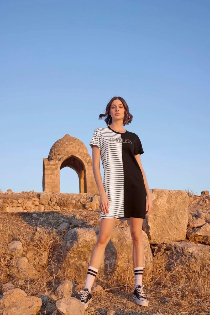 Monamise 23094 Women's Short Sleeve Striped Dress-Black