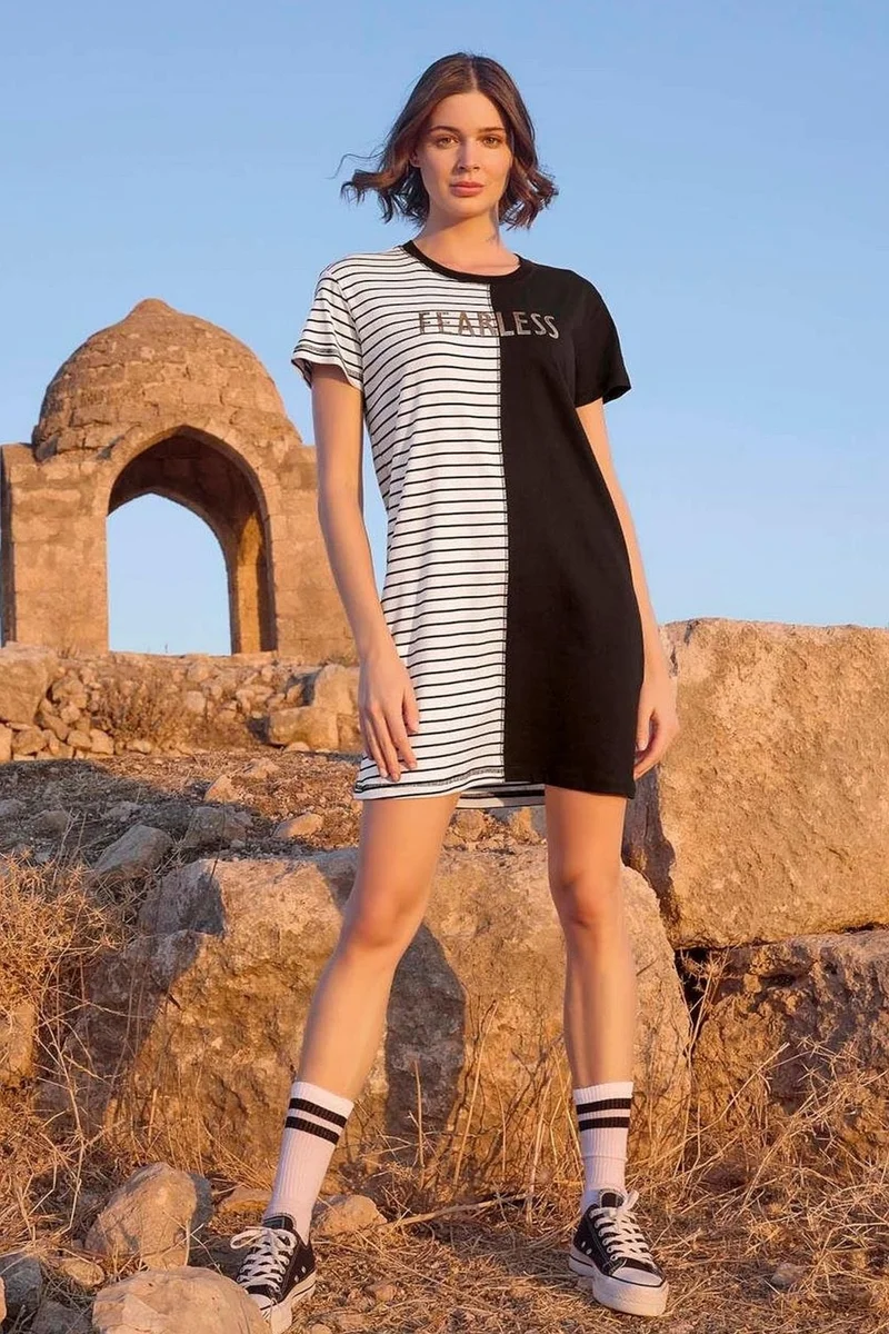 Monamise 23094 Women's Short Sleeve Striped Dress-Black