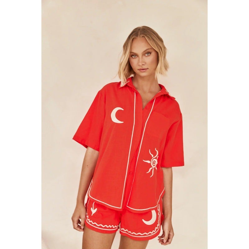 AliExpress 24 years spring and summer new 3d embroidered comfortable casual shirt short suit -88189 Red bottom moon-shorts suit