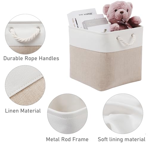 MidmmVick 12 x 12 Inch Cube Storage Bins, 6 Pack Large Collapsible Fabric Storage Bin with Ropes, Foldable Storage Cubes for Home, Office,Closet, Clothes, Toys Organizer (White & Beige) - Image 5