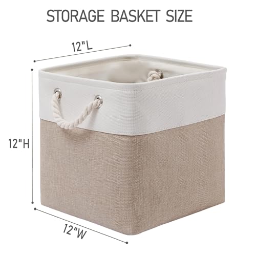MidmmVick 12 x 12 Inch Cube Storage Bins, 6 Pack Large Collapsible Fabric Storage Bin with Ropes, Foldable Storage Cubes for Home, Office,Closet, Clothes, Toys Organizer (White & Beige) - Image 4