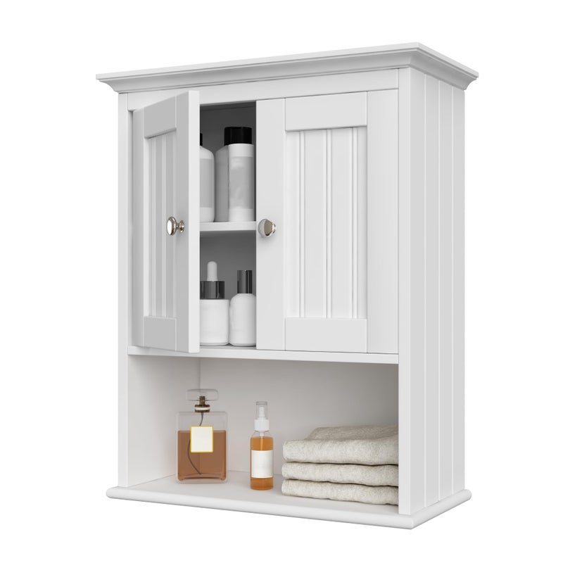 Treocho Wood Wall Cabinet, Bathroom Medicine Cabinet Storage with Doors and Adjustable Shelf, Rustic Cabinet Wall Mounted for Bathroom, Livingroom, Kitchen, Cupboard, White - Image 1