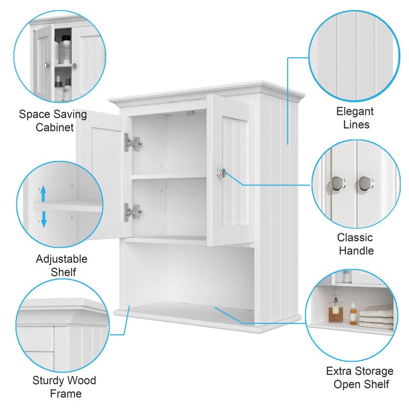 Treocho Wood Wall Cabinet, Bathroom Medicine Cabinet Storage with Doors and Adjustable Shelf, Rustic Cabinet Wall Mounted for Bathroom, Livingroom, Kitchen, Cupboard, White - Image 4
