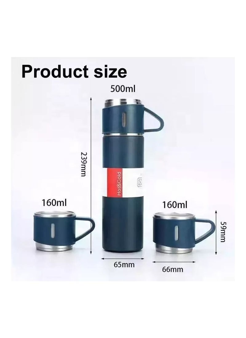 Generic - Stainless Steel Thermos 500ml Vacuum Flask Set for Hot and Cold Drinks with 3 Cups Combo new ( BLUE ) - Image 1