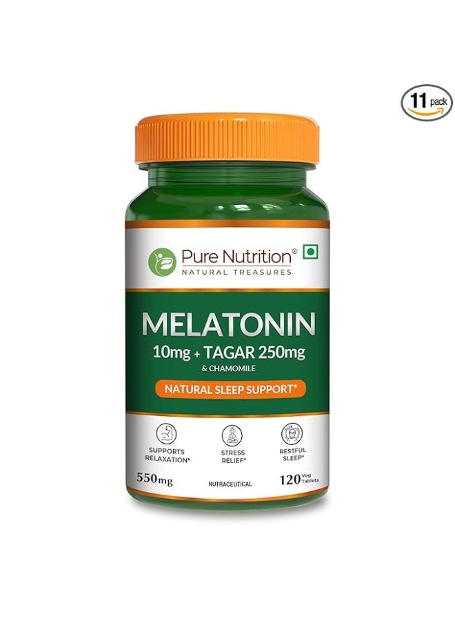 Pure Nutrition Melatonin 10mg with Tagar 250mg - 120 Veg Tablets | Non-Addictive Sleep Aid | Helps Fall Asleep Fast | Promotes Deep Sleep | Enhances Sleep Quality | Helps In Relaxation - Image 1