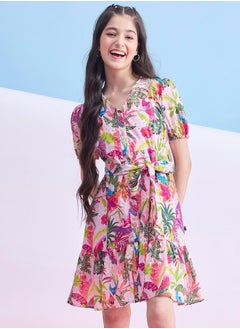 Stylo Bug Floral Print Dobby Dress with Tie Belt by Styli  - Image 1
