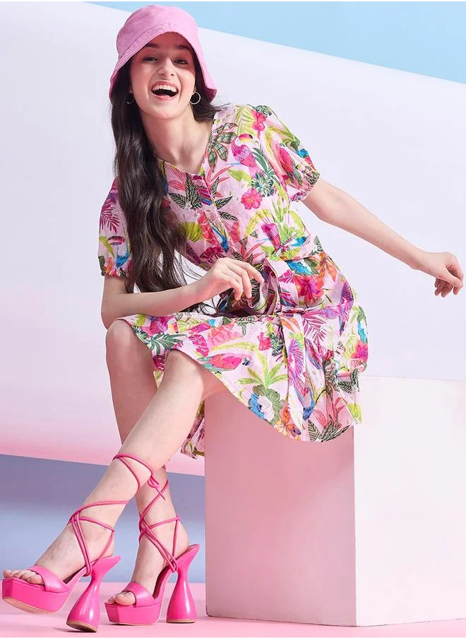 ستايلو بج Floral Print Dobby Dress with Tie Belt by Styli