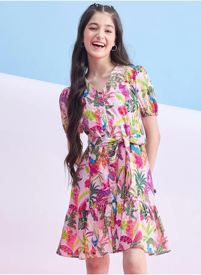 ستايلو بج Floral Print Dobby Dress with Tie Belt