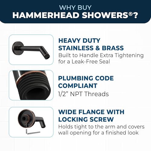 HammerHead Showers ذراع دش وهولدر معدني صلب 7 بوصة من هامر هيد شاورز® مع برغي تثبيت، برونزي مصقول | أنبوب كوع حائط وغطاء | قطعة بديلة عالمية لرؤوس الدش - Image 2