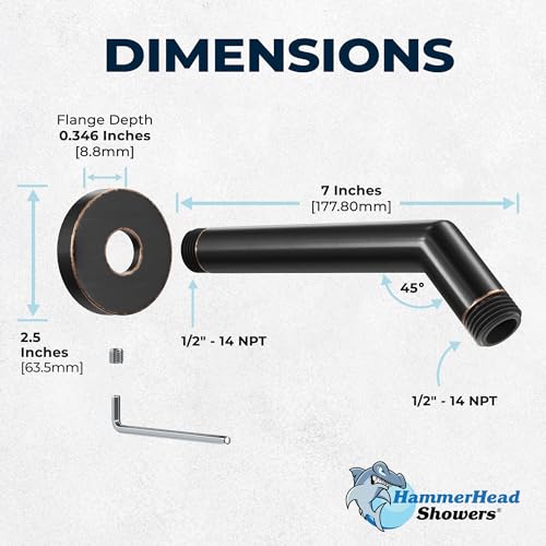HammerHead Showers ذراع دش وهولدر معدني صلب 7 بوصة من هامر هيد شاورز® مع برغي تثبيت، برونزي مصقول | أنبوب كوع حائط وغطاء | قطعة بديلة عالمية لرؤوس الدش - Image 5
